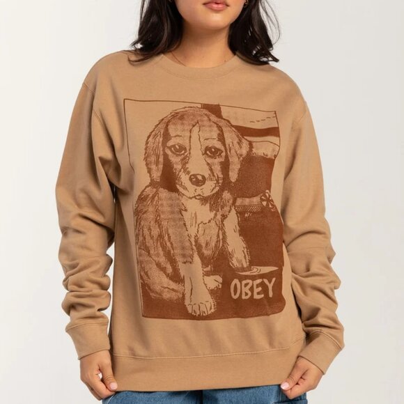OBEY Clumsy Puppy Graphic Women's Crewneck Sweatshirt Beige - Picture 1 of 5